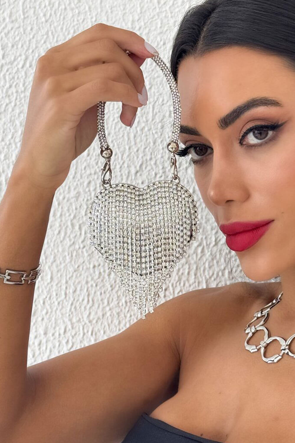 Rhinestone Heart-Shaped Evening Mini Clutch Bag With Fringe