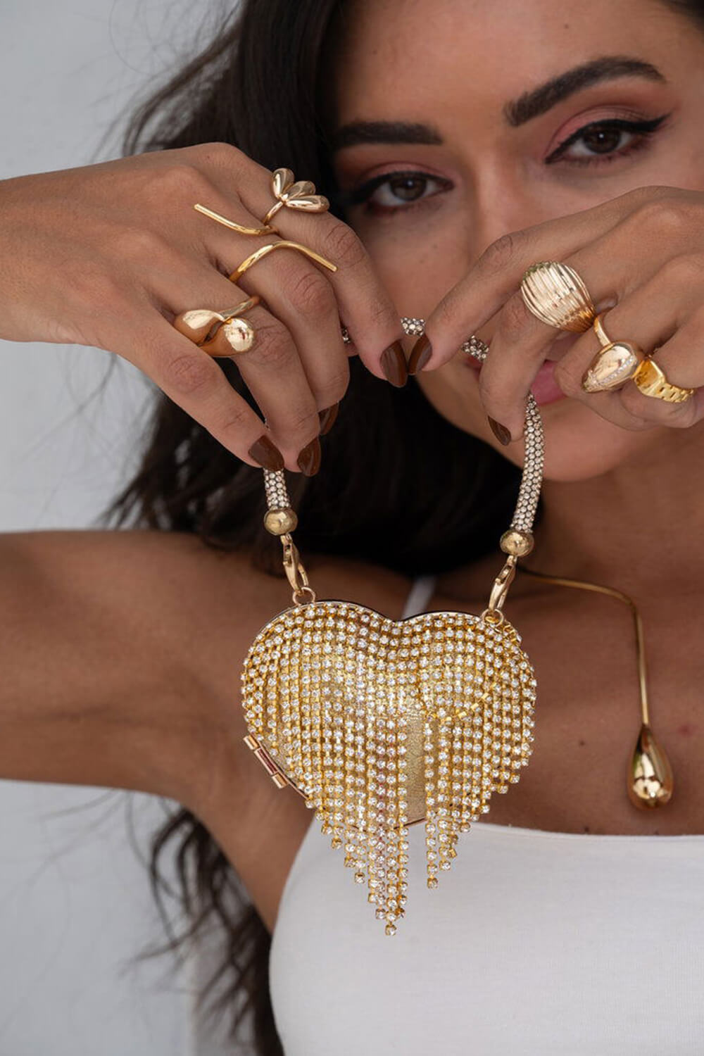 Rhinestone Heart-Shaped Evening Mini Clutch Bag With Fringe