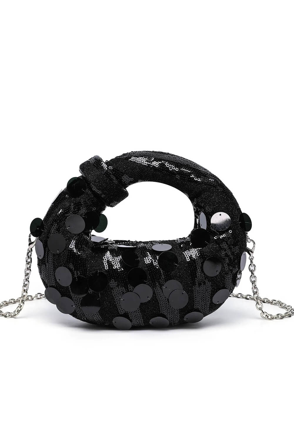 Metallic Sequin Loop-Handle Evening Moon Bag