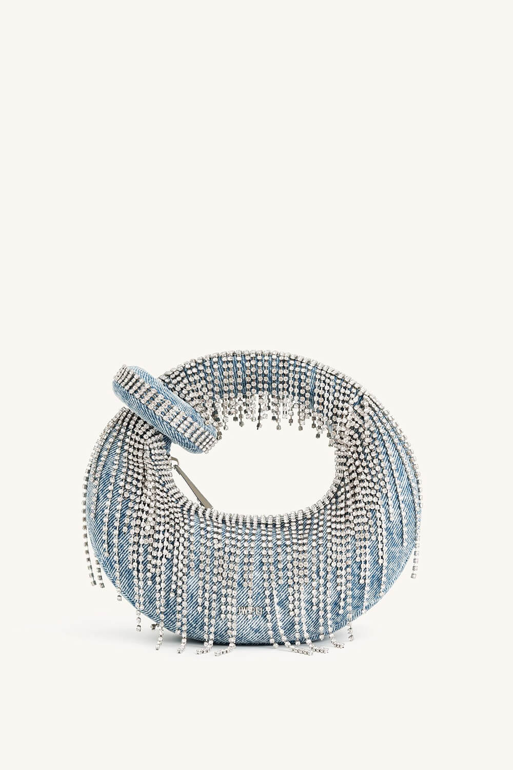Denim Loop-Handle Evening Moon Bag With Fringe