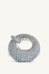 Denim Loop-Handle Evening Moon Bag With Fringe