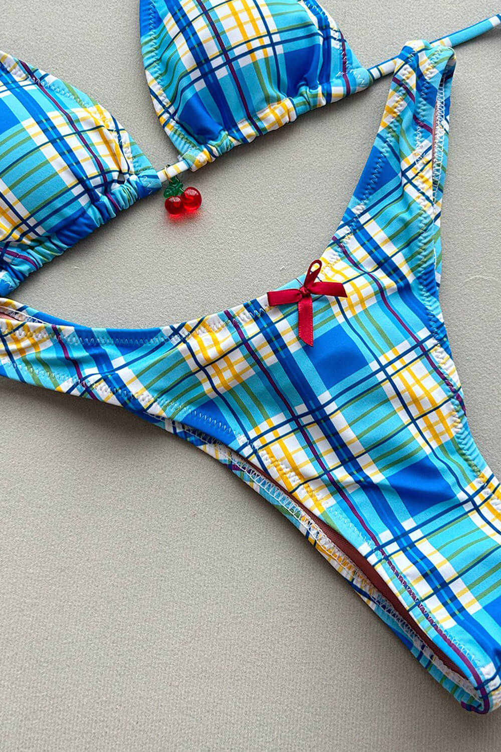 Blue Checked Triangle High-Cut Leg Bikini Set