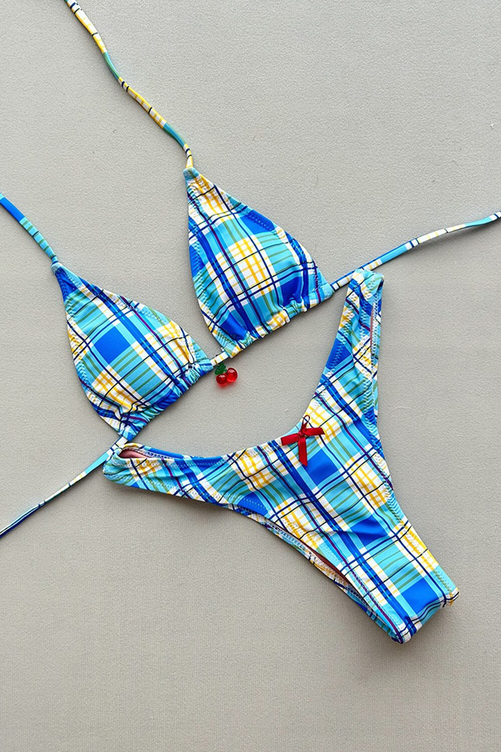 Blue Checked Triangle High-Cut Leg Bikini Set