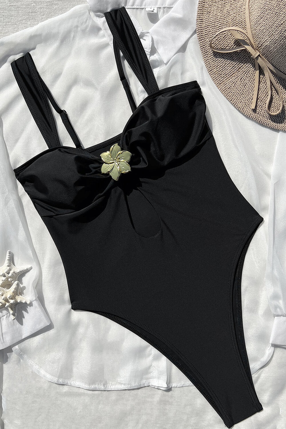 Cutout One-Piece Swimsuit With Flower Gold Hardware