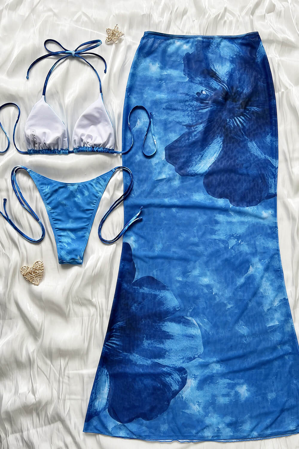 Blue Floral Print Triangle Halter High-Cut Bikini Set & Maxi Skirt