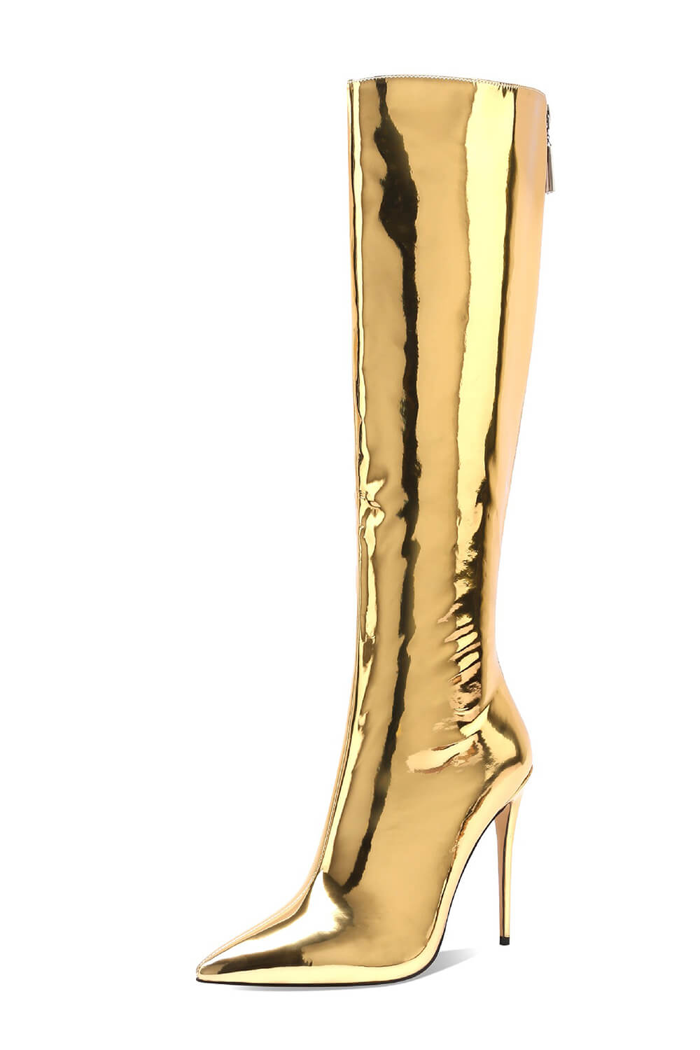Chrome Pointed Toe Knee High Boots