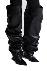 Ruched Pointed Toe Wedge Over-The-Knee Boots