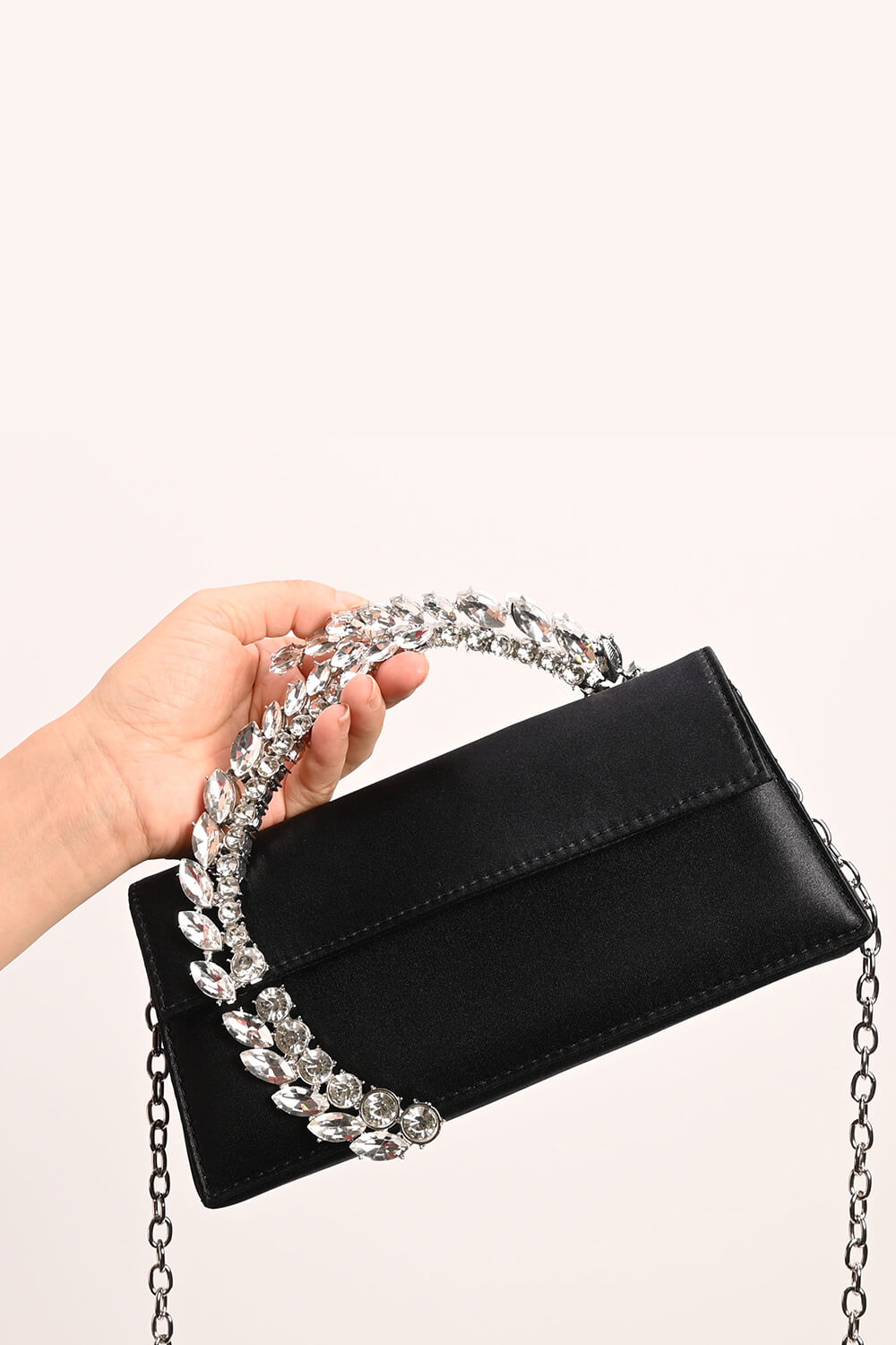 Crystal-Embellished Spiral Handle Satin Evening Clutch
