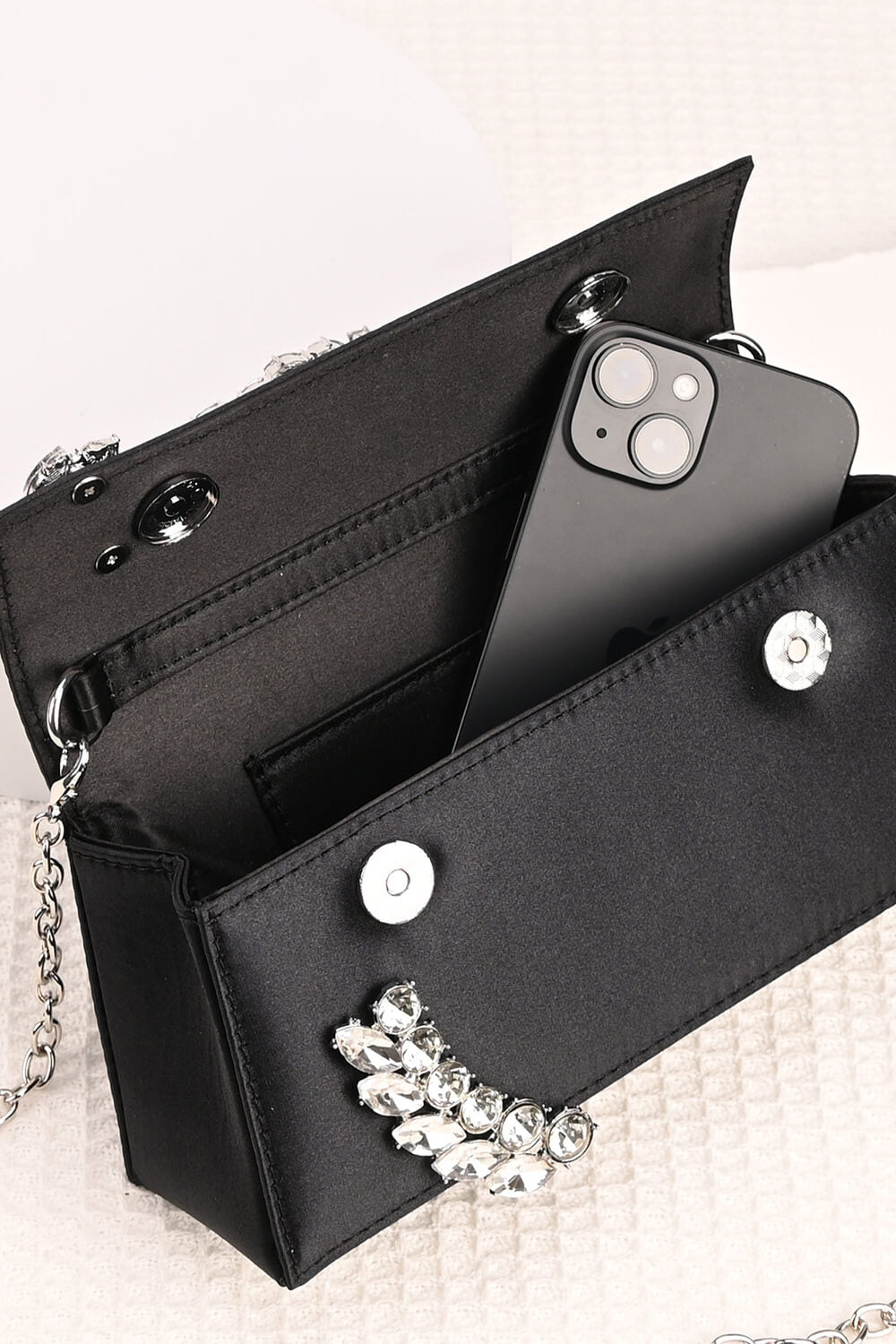 Crystal-Embellished Spiral Handle Satin Evening Clutch