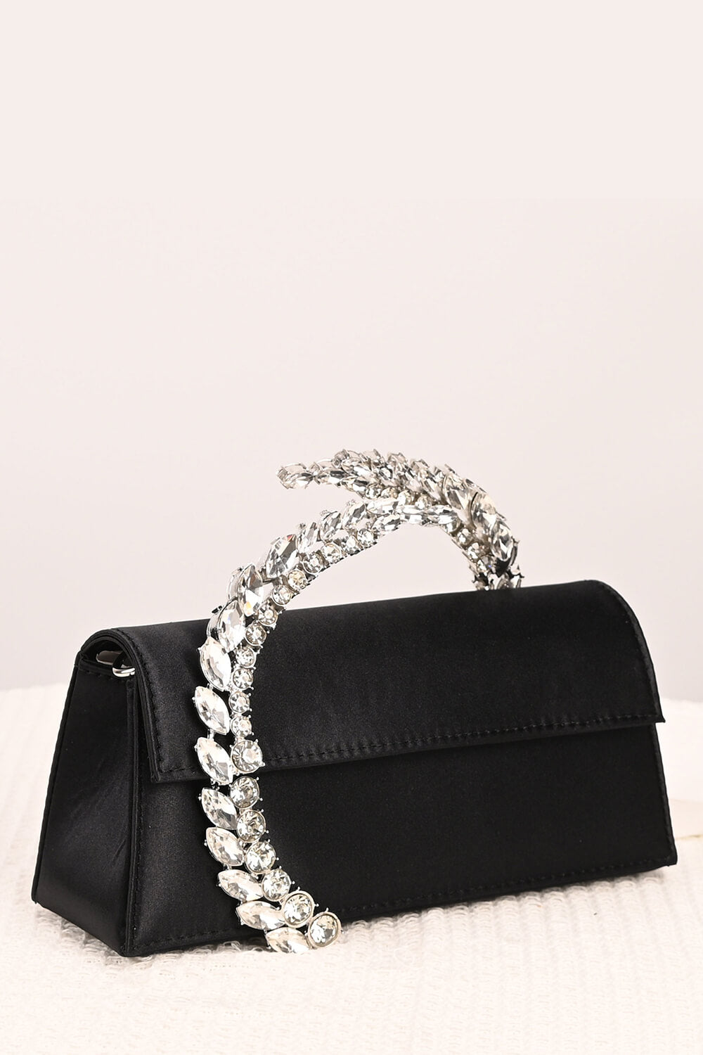 Crystal-Embellished Spiral Handle Satin Evening Clutch