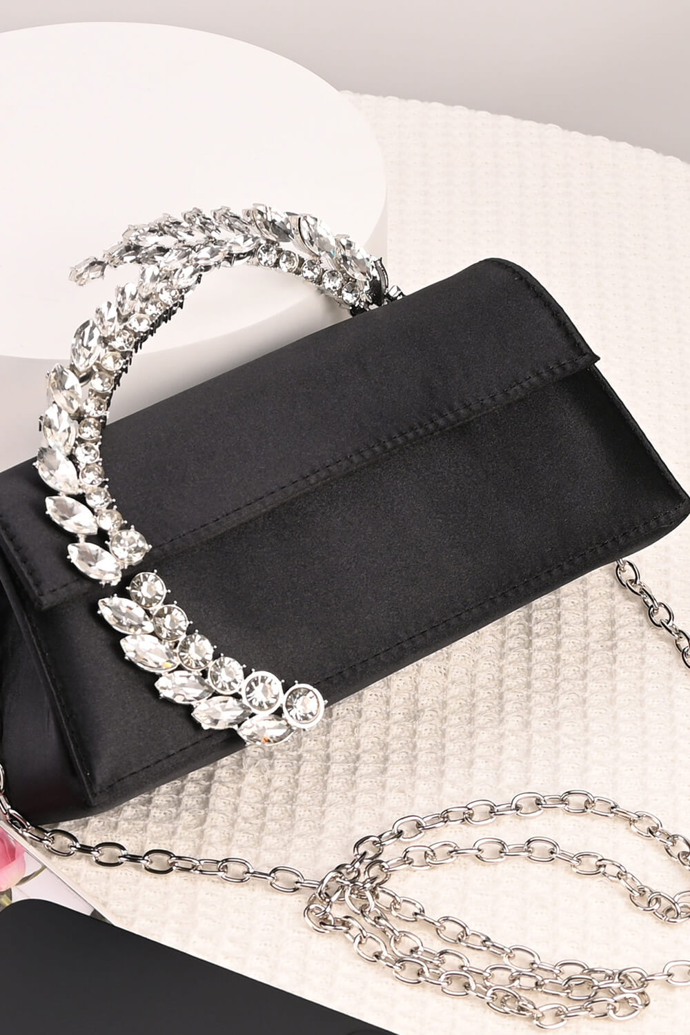 Crystal-Embellished Spiral Handle Satin Evening Clutch
