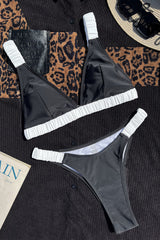 Color Block Triangle Ruched Fixed Bikini Set
