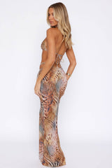 Safari Chaos Print Triangle Halter High-Cut Bikini Set & Maxi Skirt