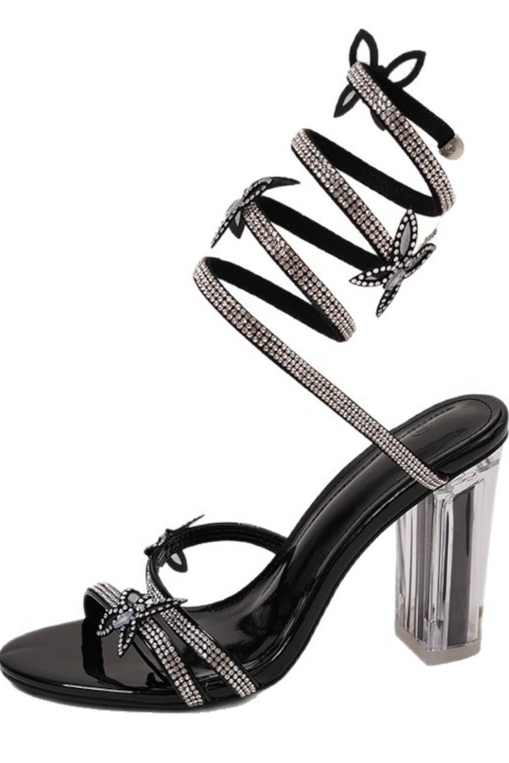 Crystal-Embellished Butterfly Snake Ankle Wrap Clear Perspex Block Heeled Sandals
