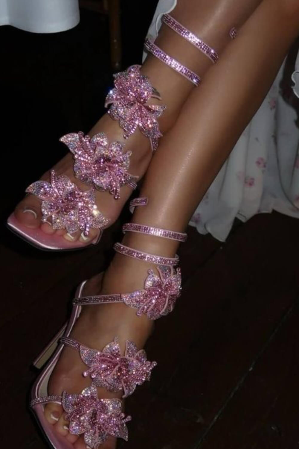 Crystal-Embellished Floral Snake Ankle Wrap Stiletto Heeled Sandals