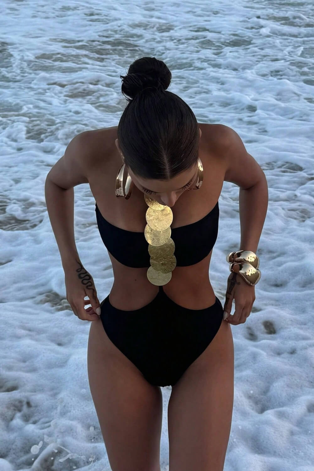 Halterncek Cut-Out One Piece Swimsuit With Metallic Medals Details
