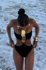 Halterncek Cut-Out One Piece Swimsuit With Metallic Medals Details