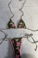 Floral Triangle Halter Tie Side Bikini Set With Beaded Details