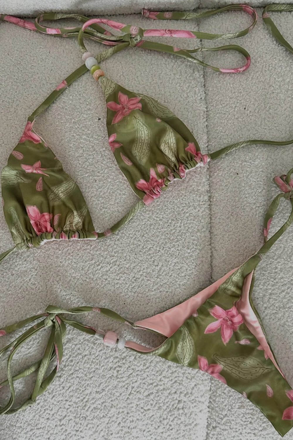 Floral Triangle Halter Tie Side Bikini Set With Beaded Details