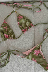 Floral Triangle Halter Tie Side Bikini Set With Beaded Details