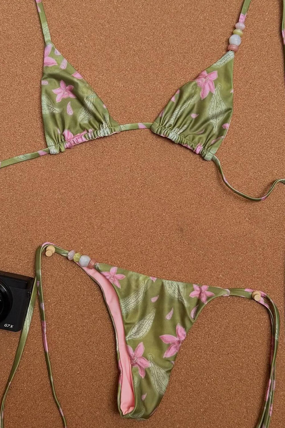 Floral Triangle Halter Tie Side Bikini Set With Beaded Details