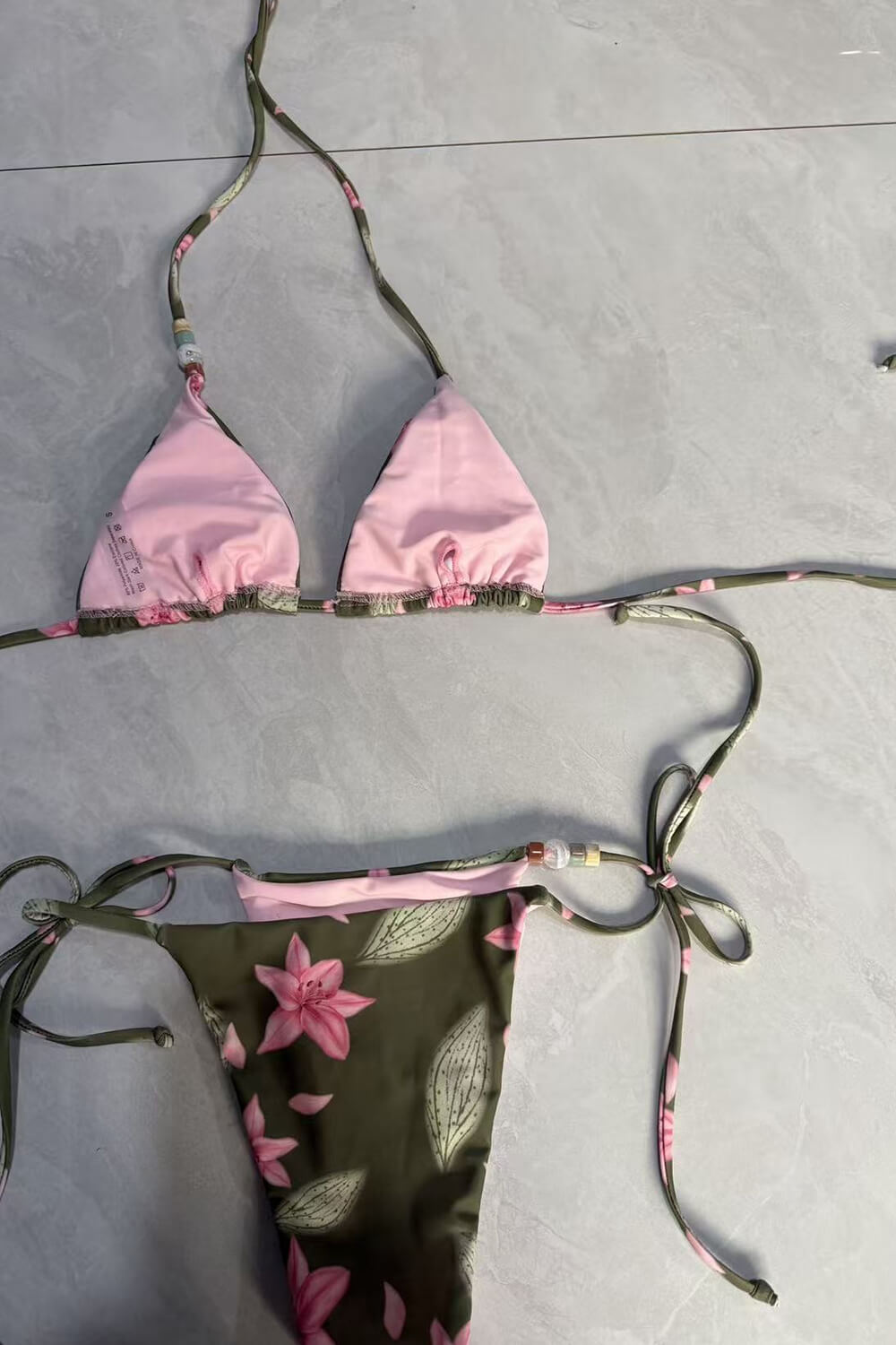 Floral Triangle Halter Tie Side Bikini Set With Beaded Details