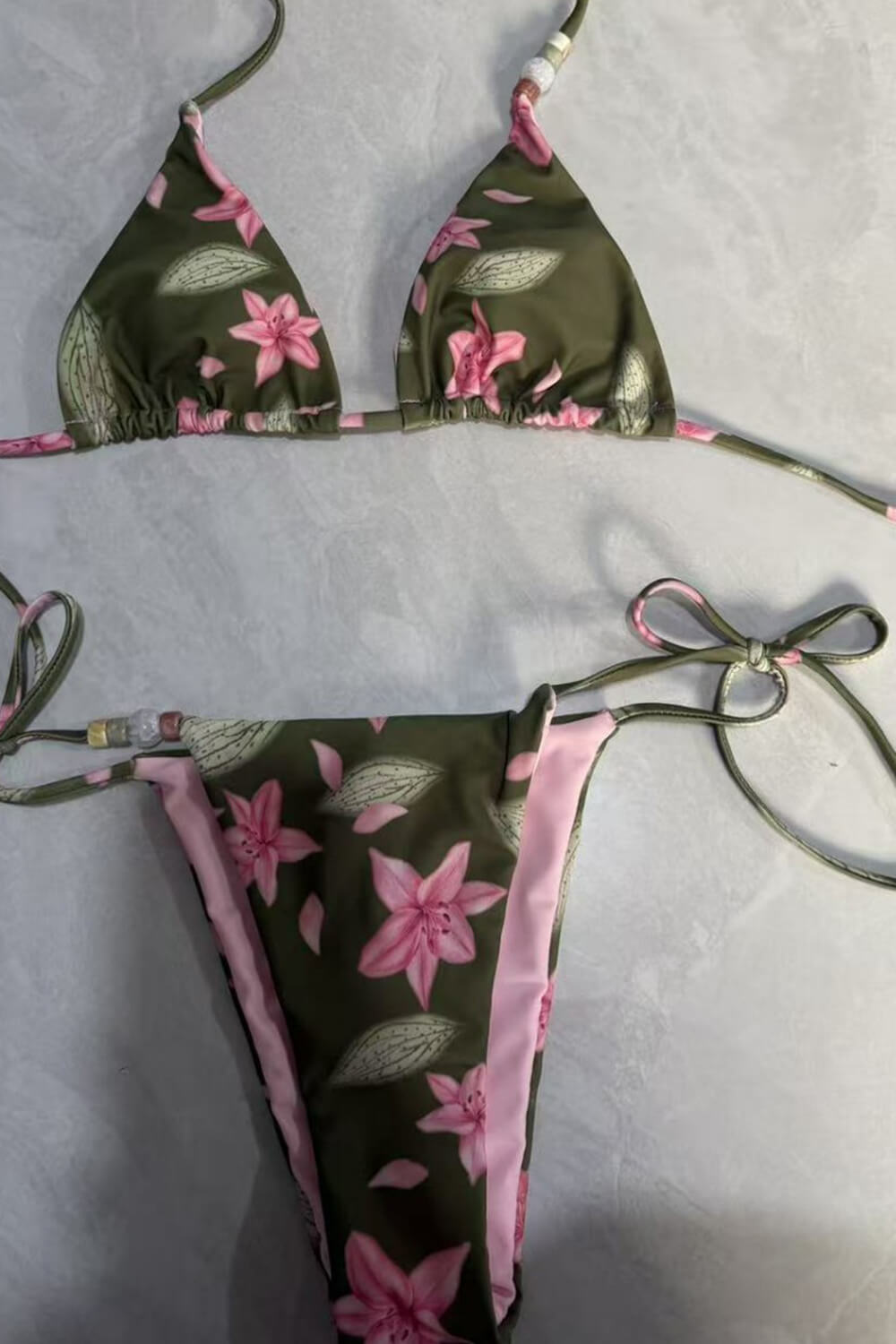 Floral Triangle Halter Tie Side Bikini Set With Beaded Details