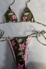 Floral Triangle Halter Tie Side Bikini Set With Beaded Details