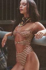 Geometric Abstract Print Cut Out One Piece Swimsuit With Silver Hardware Details