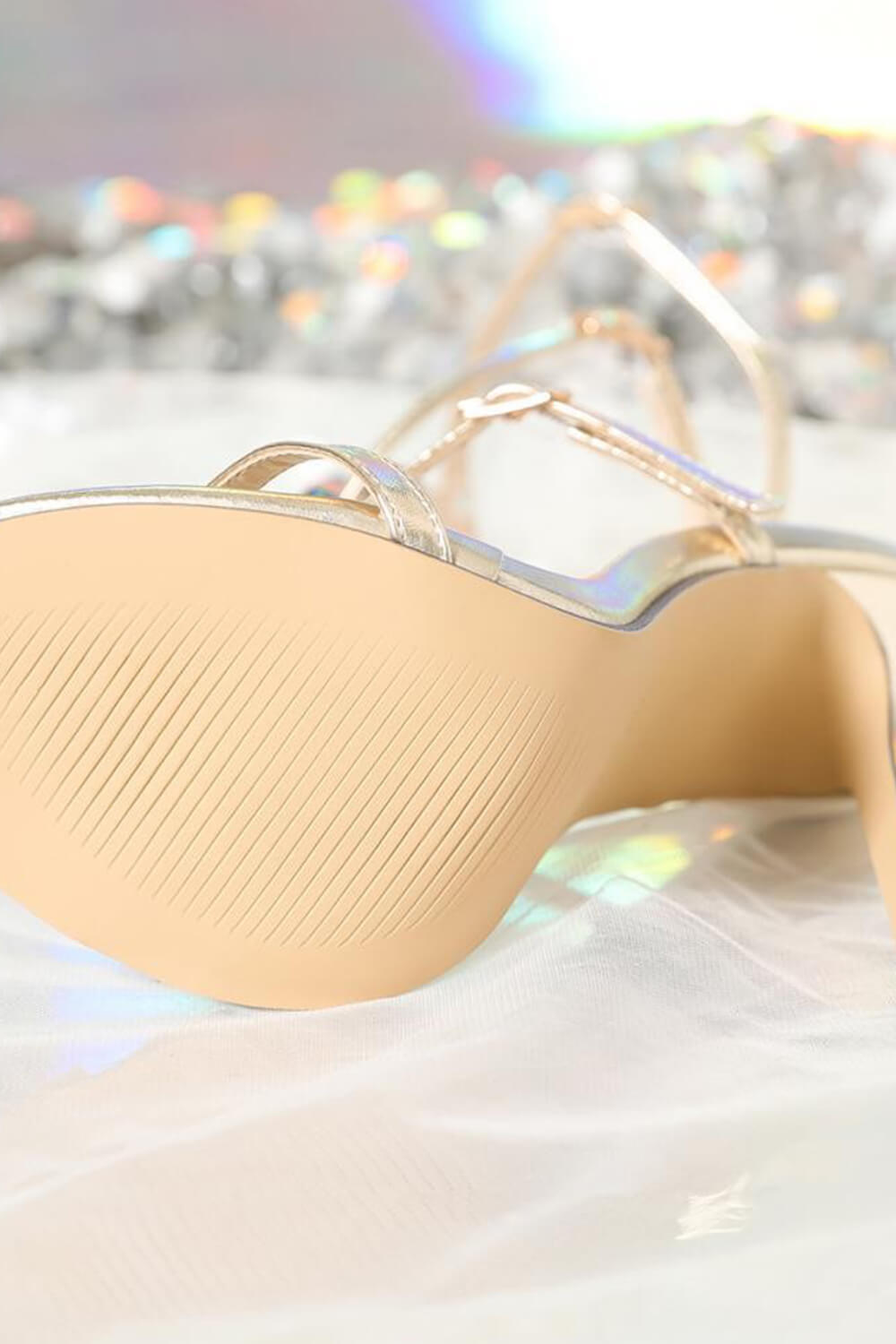 Metallic Gold Stiletto Heeled Sandals With Gemstone T-Strap