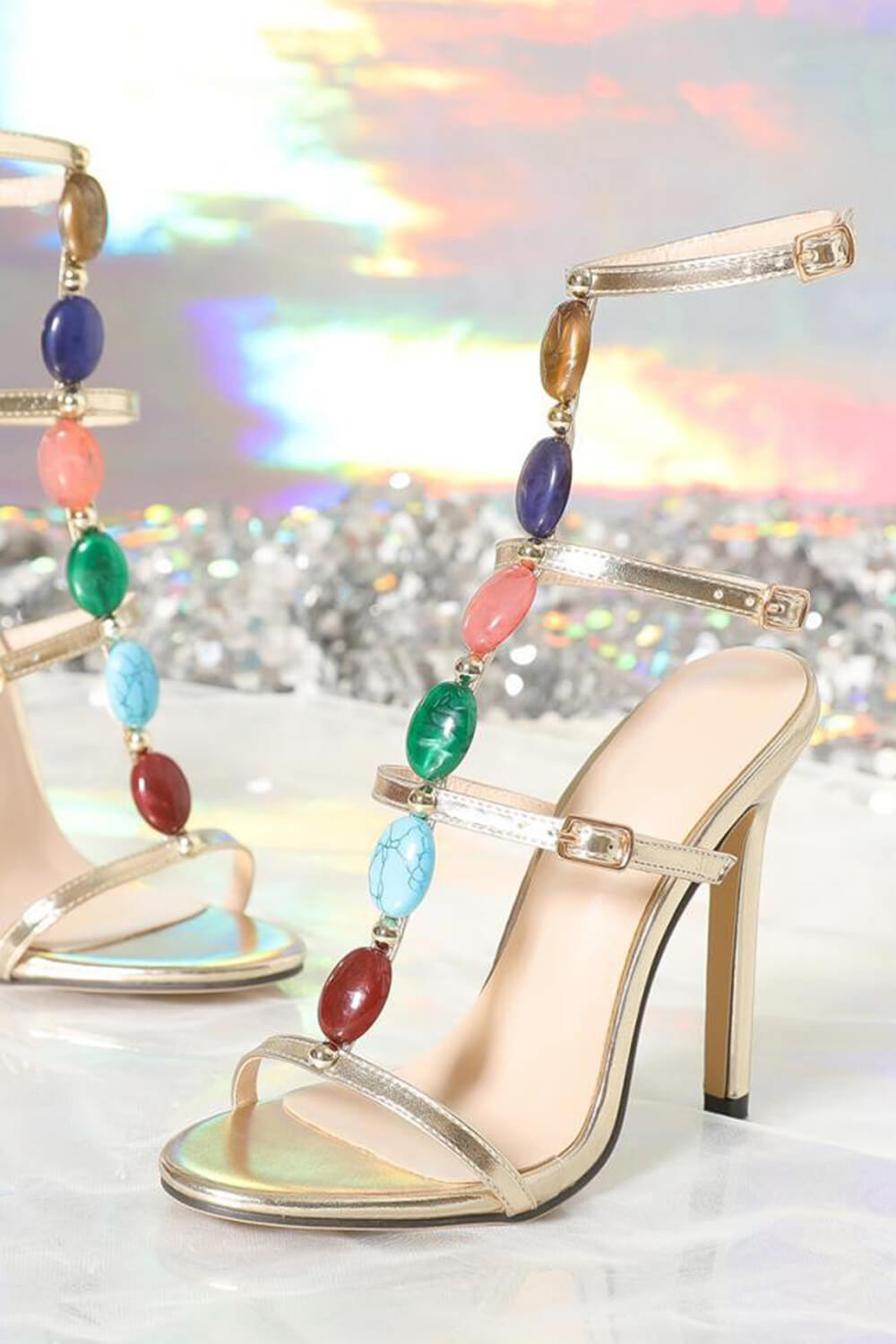 Metallic Gold Stiletto Heeled Sandals With Gemstone T-Strap