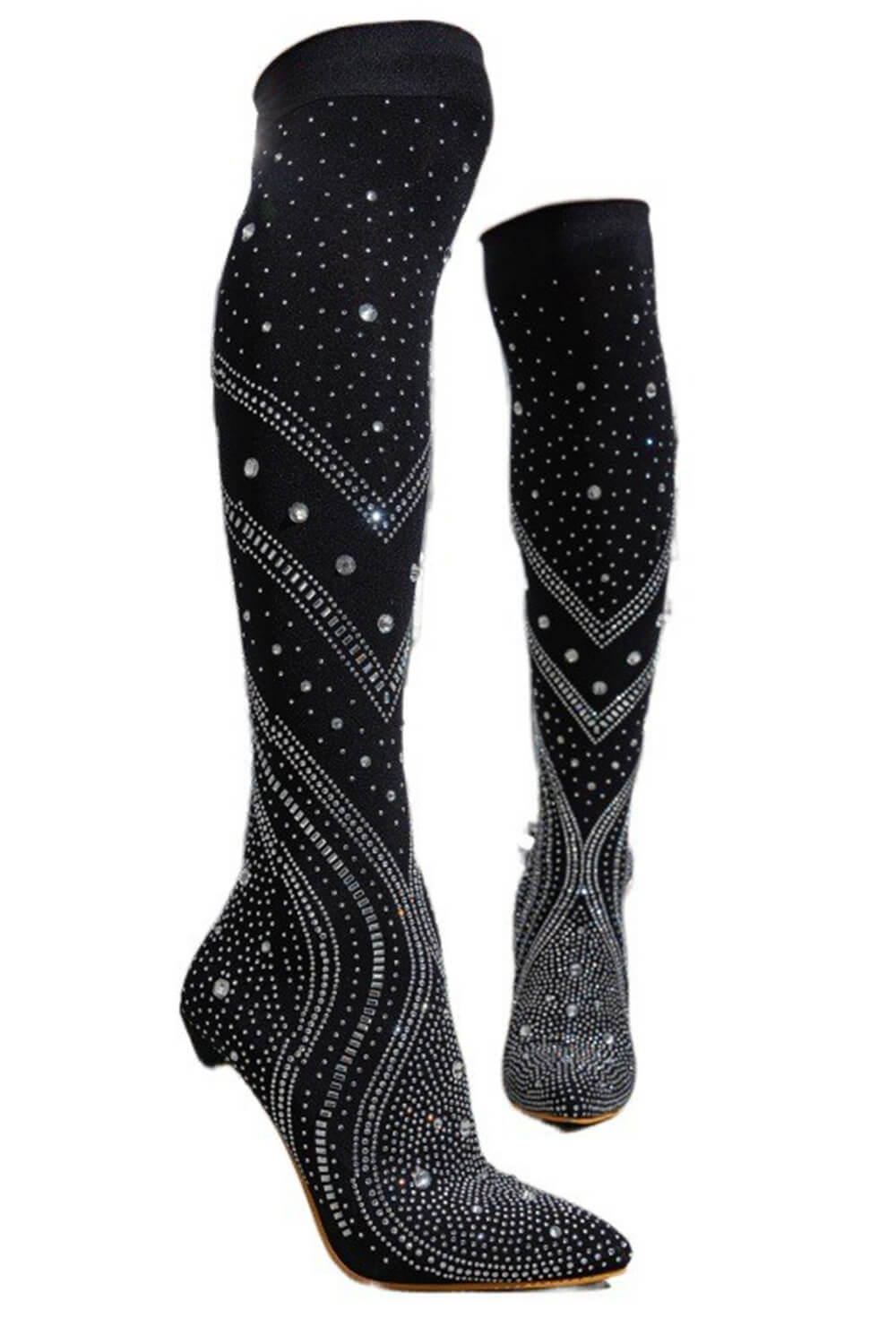 Crystal-Embellished Mesh Pointed Toe Thigh High Stiletto Heel Boots - Black/Beige