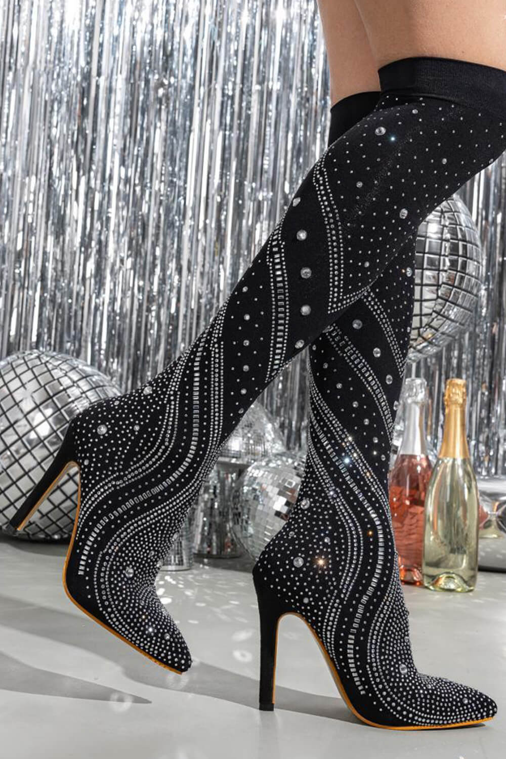 Crystal-Embellished Mesh Pointed Toe Thigh High Stiletto Heel Boots - Black/Beige