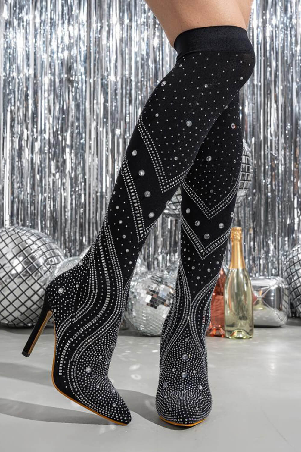 Crystal-Embellished Mesh Pointed Toe Thigh High Stiletto Heel Boots - Black/Beige