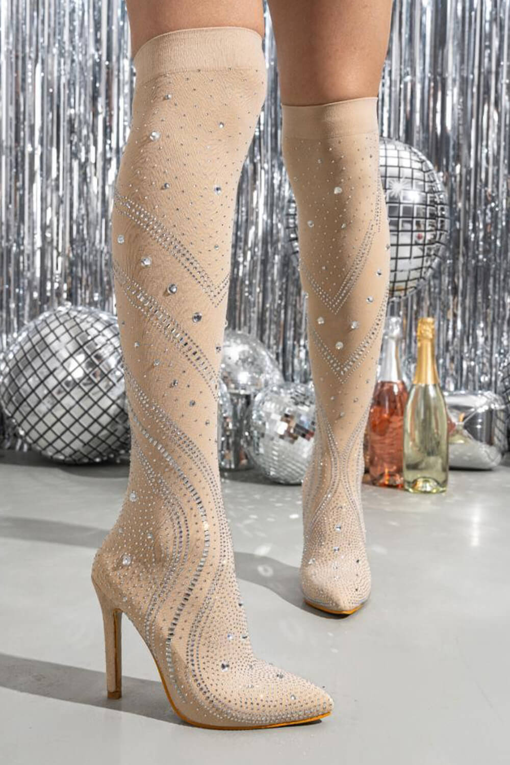 Crystal-Embellished Mesh Pointed Toe Thigh High Stiletto Heel Boots - Black/Beige