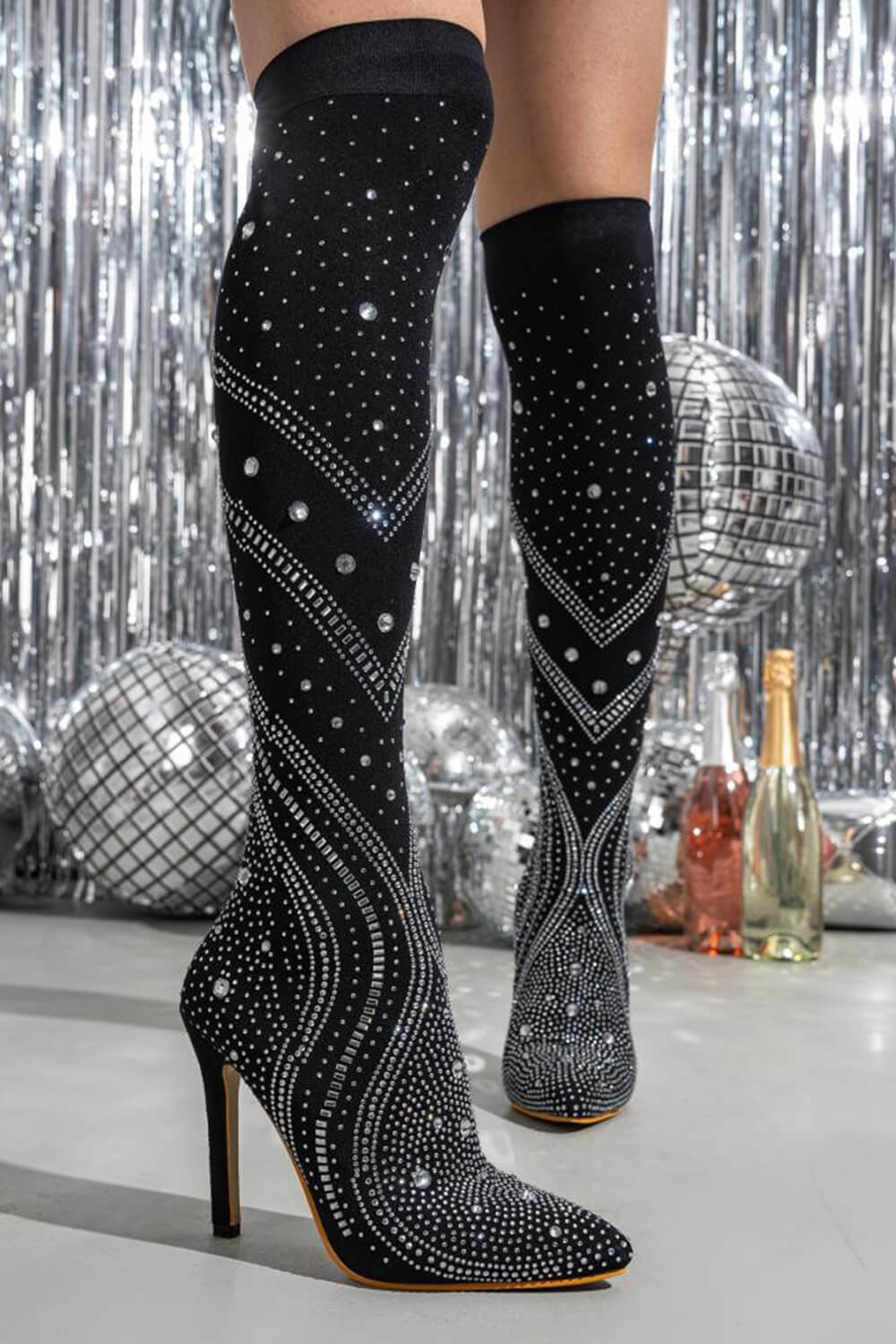 Crystal-Embellished Mesh Pointed Toe Thigh High Stiletto Heel Boots - Black/Beige