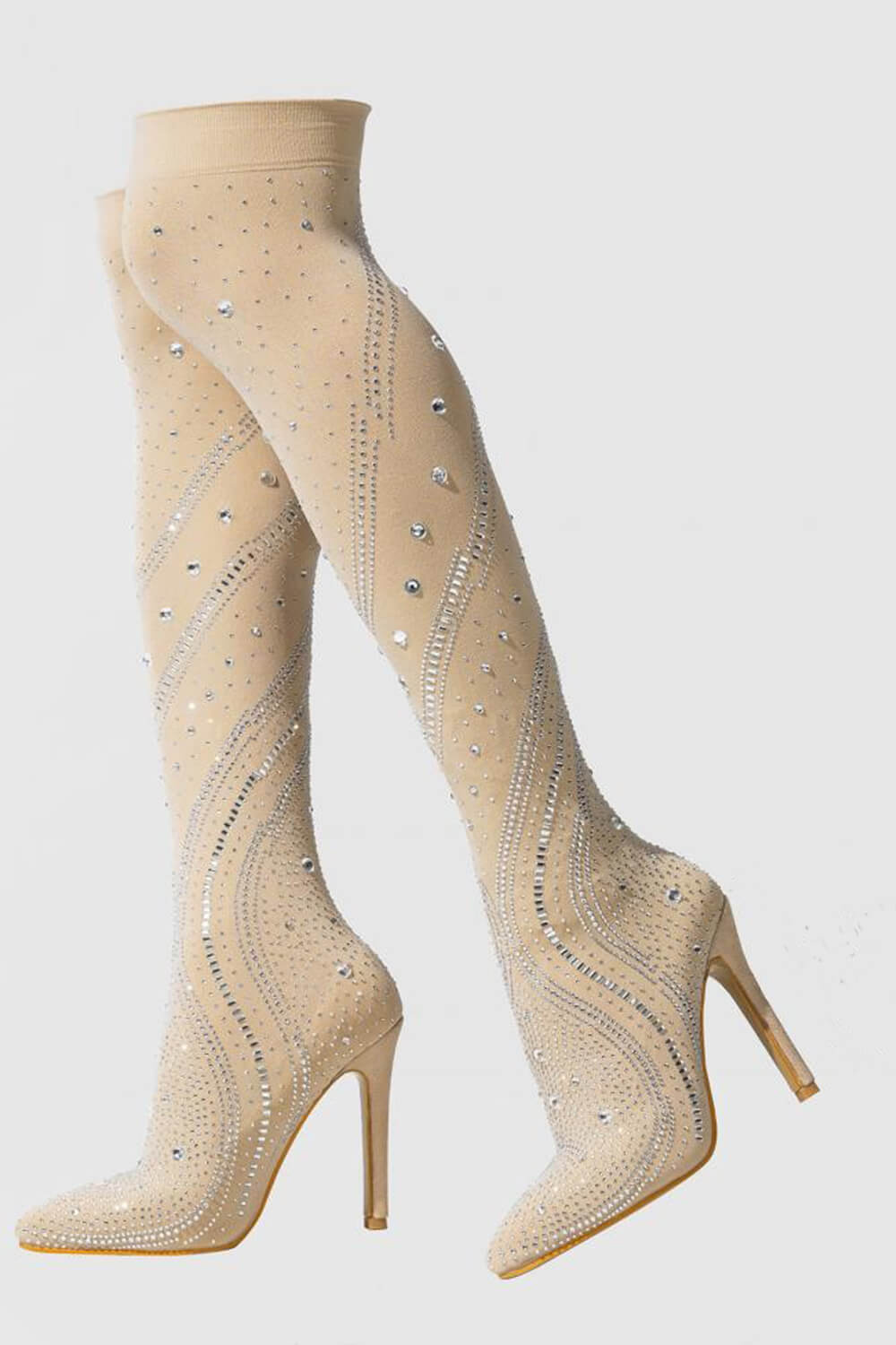 Crystal-Embellished Mesh Pointed Toe Thigh High Stiletto Heel Boots - Black/Beige