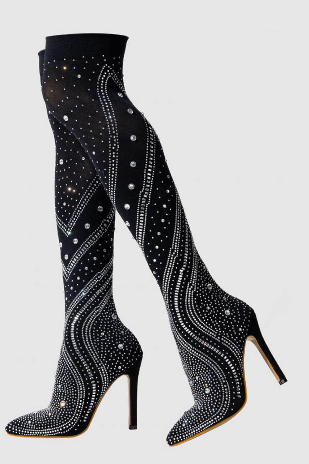 Crystal-Embellished Mesh Pointed Toe Thigh High Stiletto Heel Boots - Black/Beige