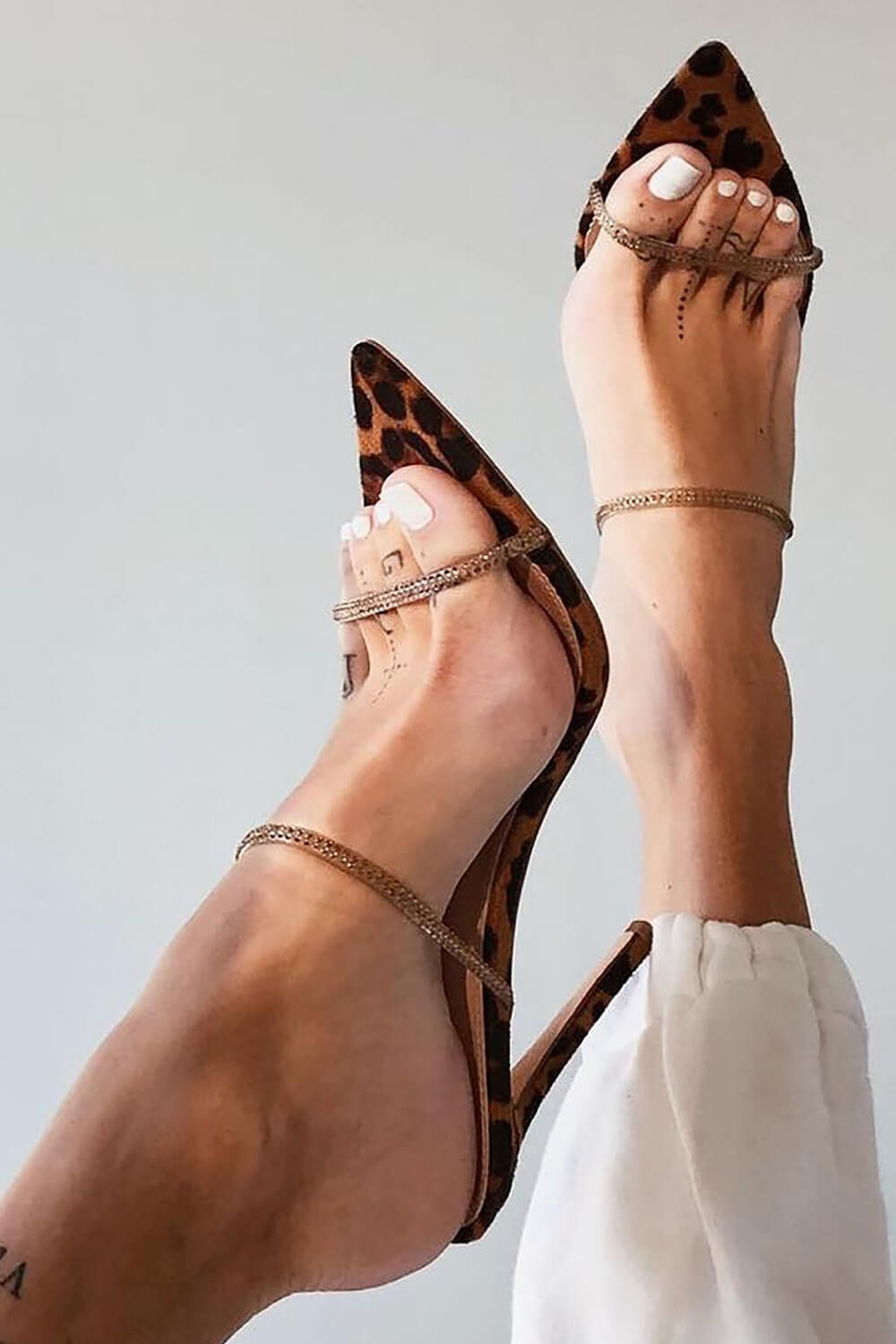 Leopard Pointed Toe Slip-On Stiletto Heeled Sandals With Rhinestone Straps