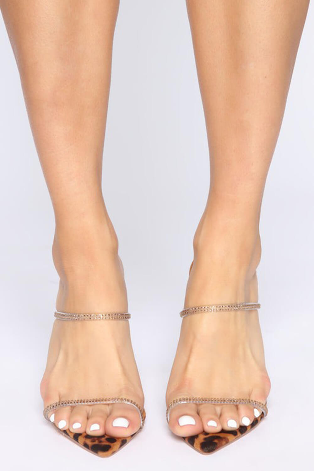 Leopard Pointed Toe Slip-On Stiletto Heeled Sandals With Rhinestone Straps