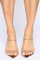 Leopard Pointed Toe Slip-On Stiletto Heeled Sandals With Rhinestone Straps