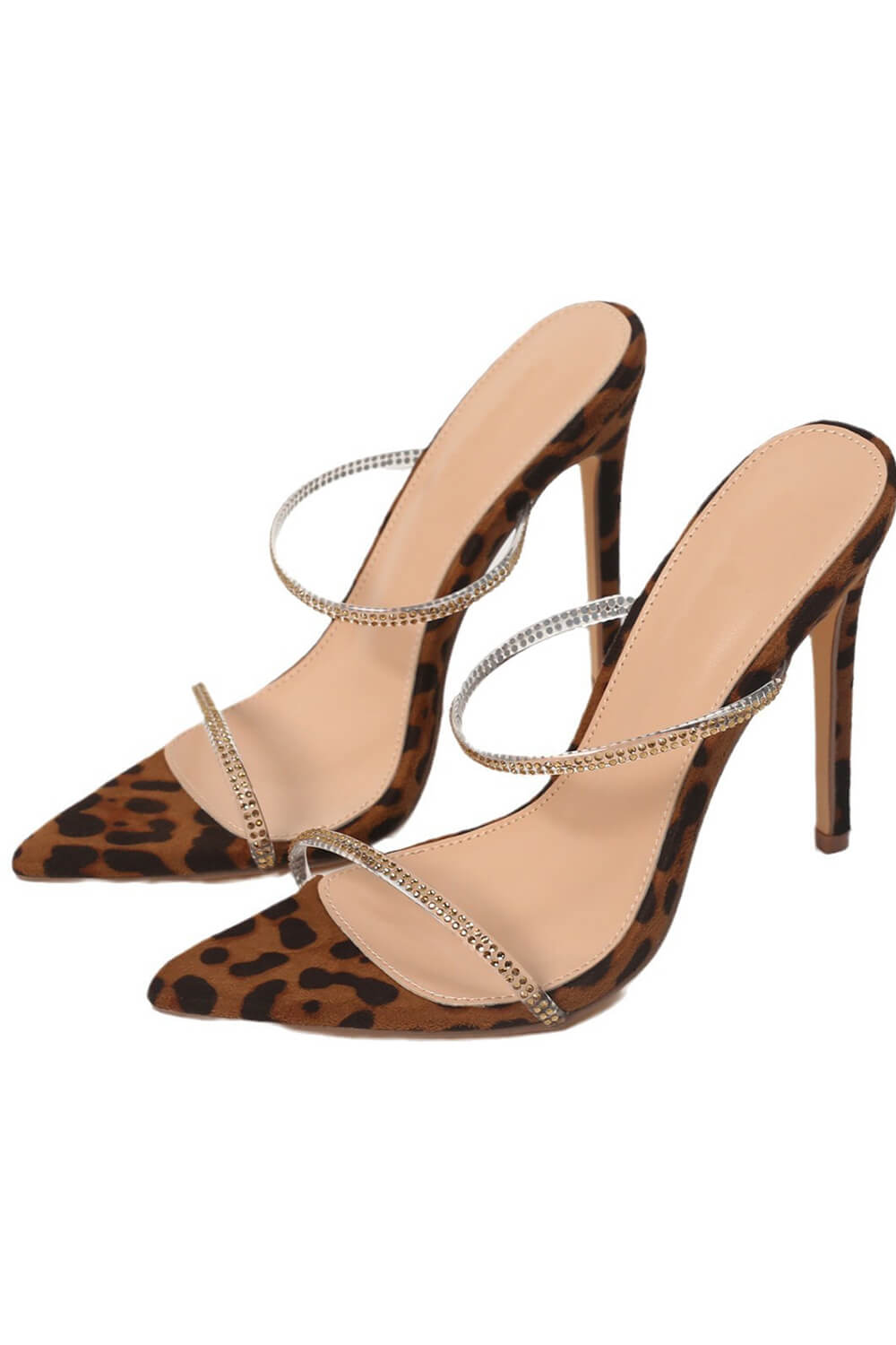 Leopard Pointed Toe Slip-On Stiletto Heeled Sandals With Rhinestone Straps