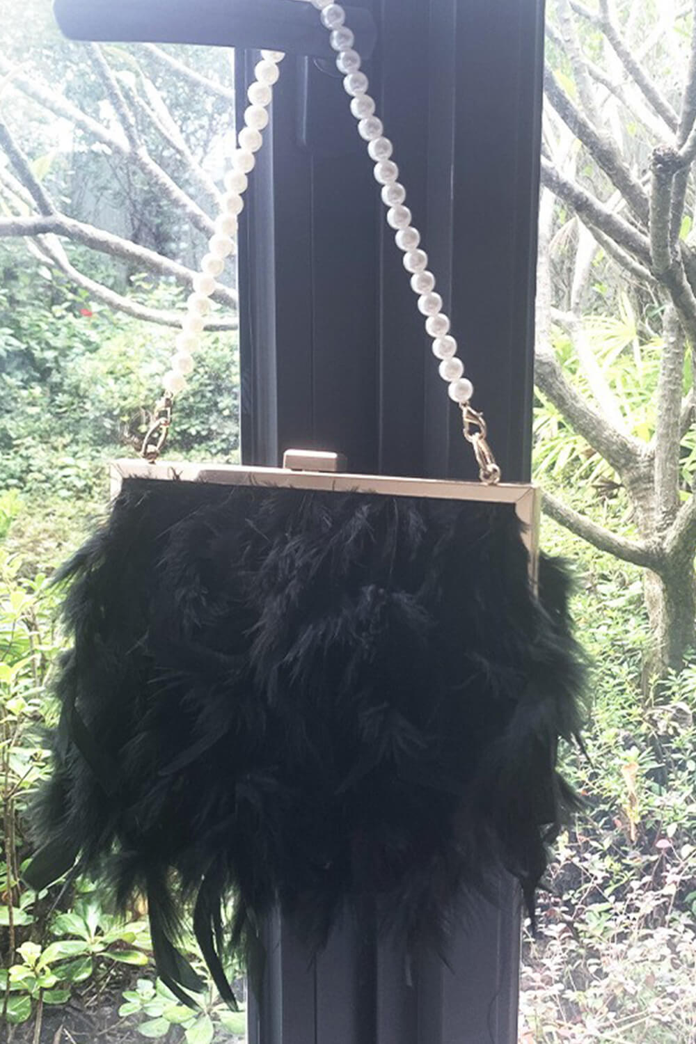 Feather Evening Clutch Bag With Pearl Handle