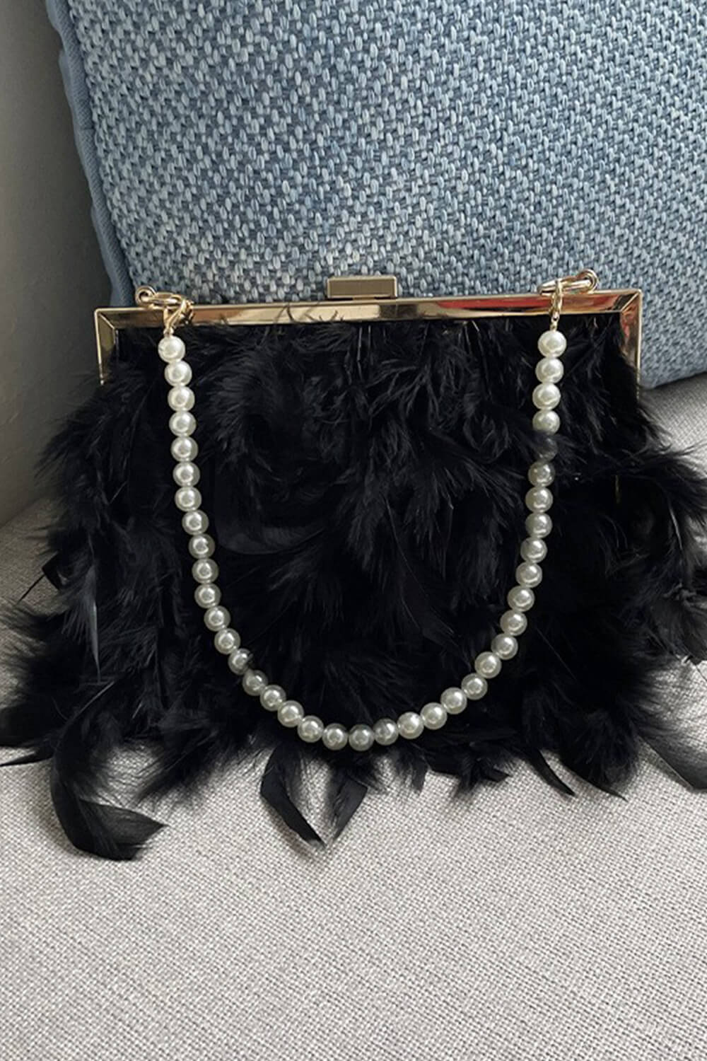 Feather Evening Clutch Bag With Pearl Handle