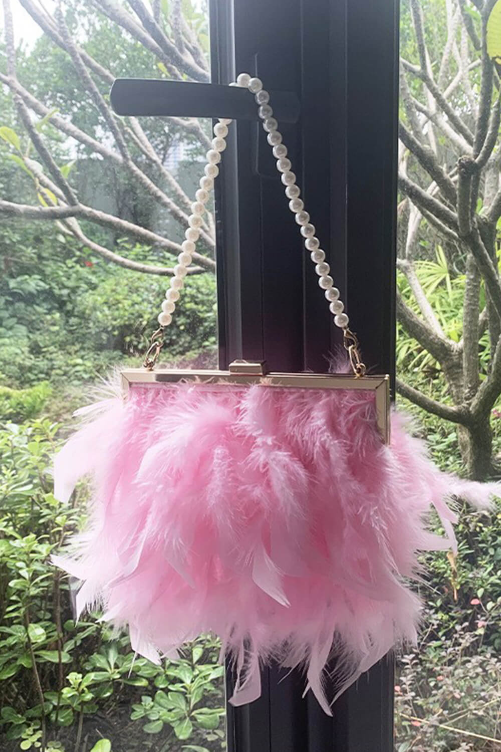 Feather Evening Clutch Bag With Pearl Handle