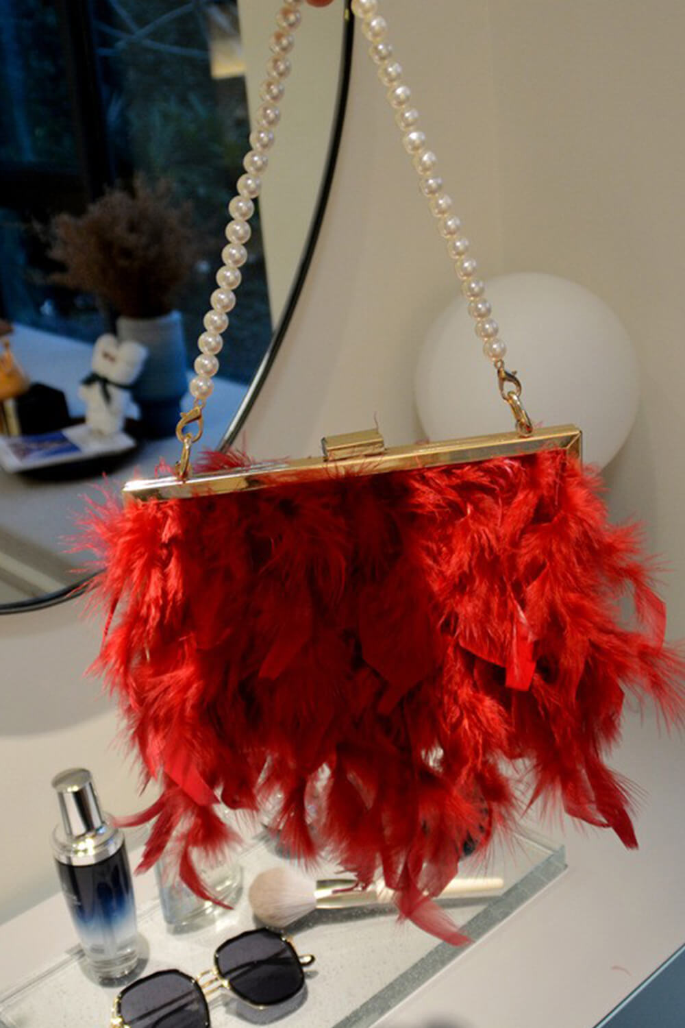 Feather Evening Clutch Bag With Pearl Handle