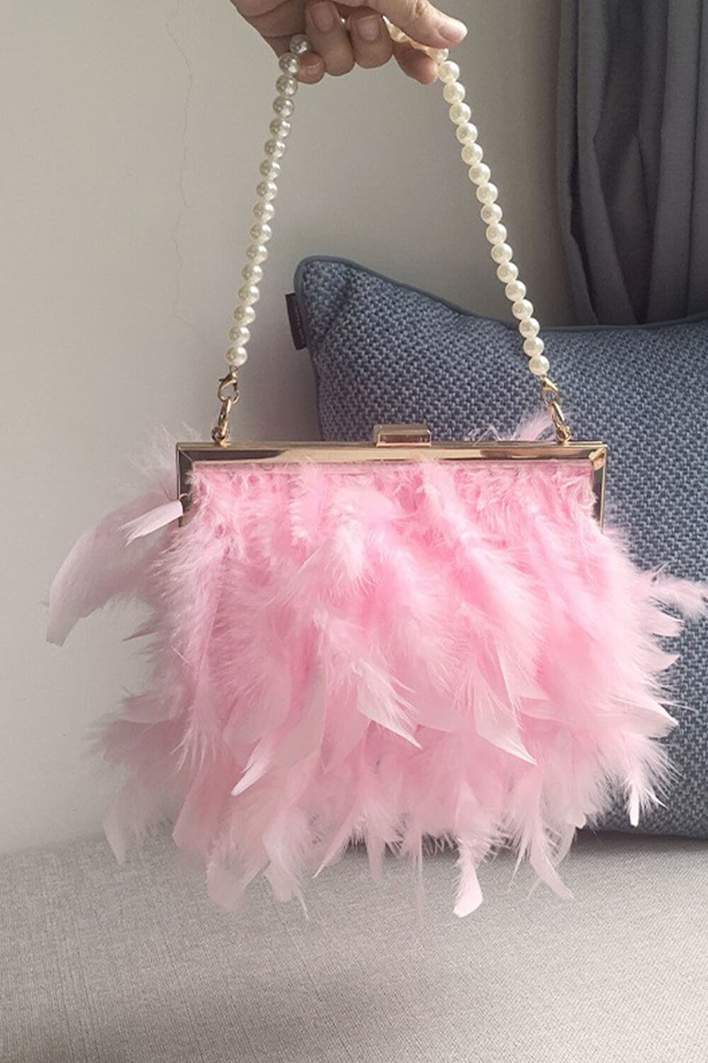 Feather Evening Clutch Bag With Pearl Handle