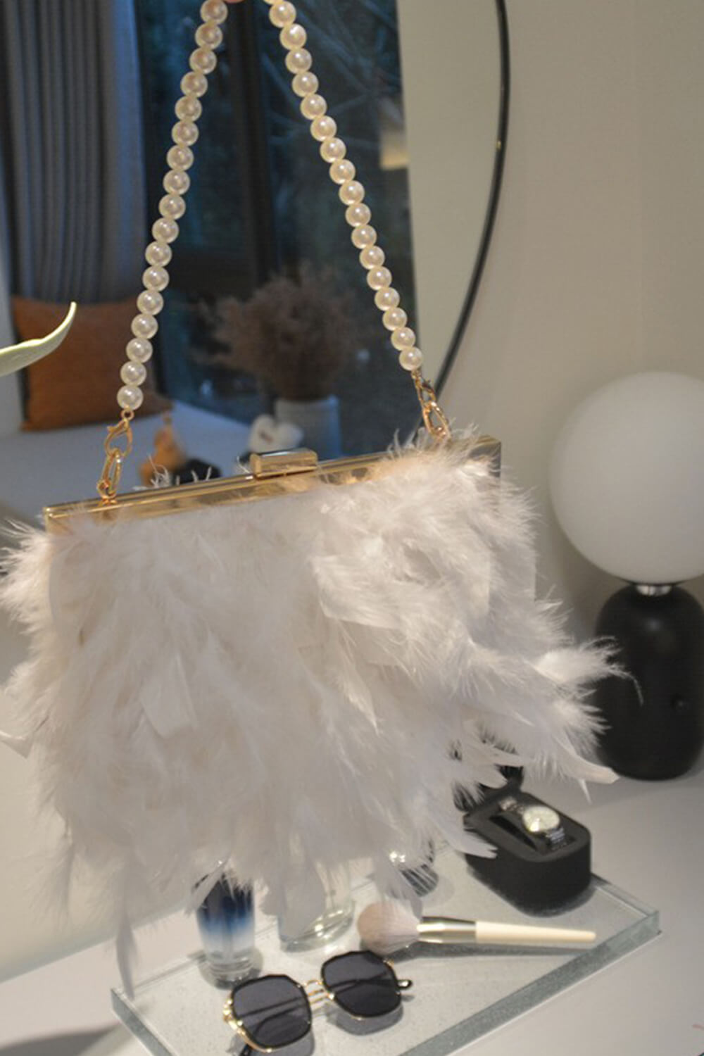 Feather Evening Clutch Bag With Pearl Handle