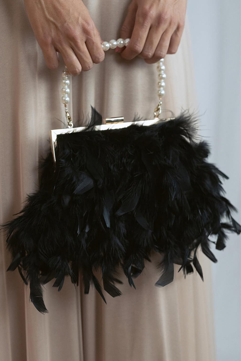 Feather Evening Clutch Bag With Pearl Handle