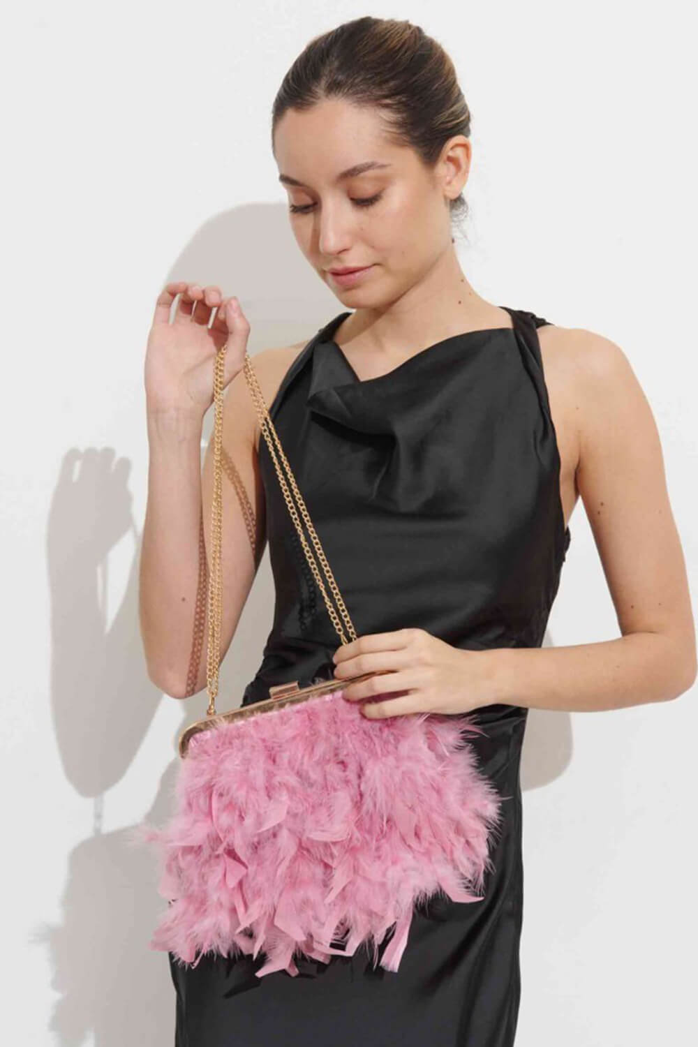 Feather Evening Clutch Bag With Pearl Handle